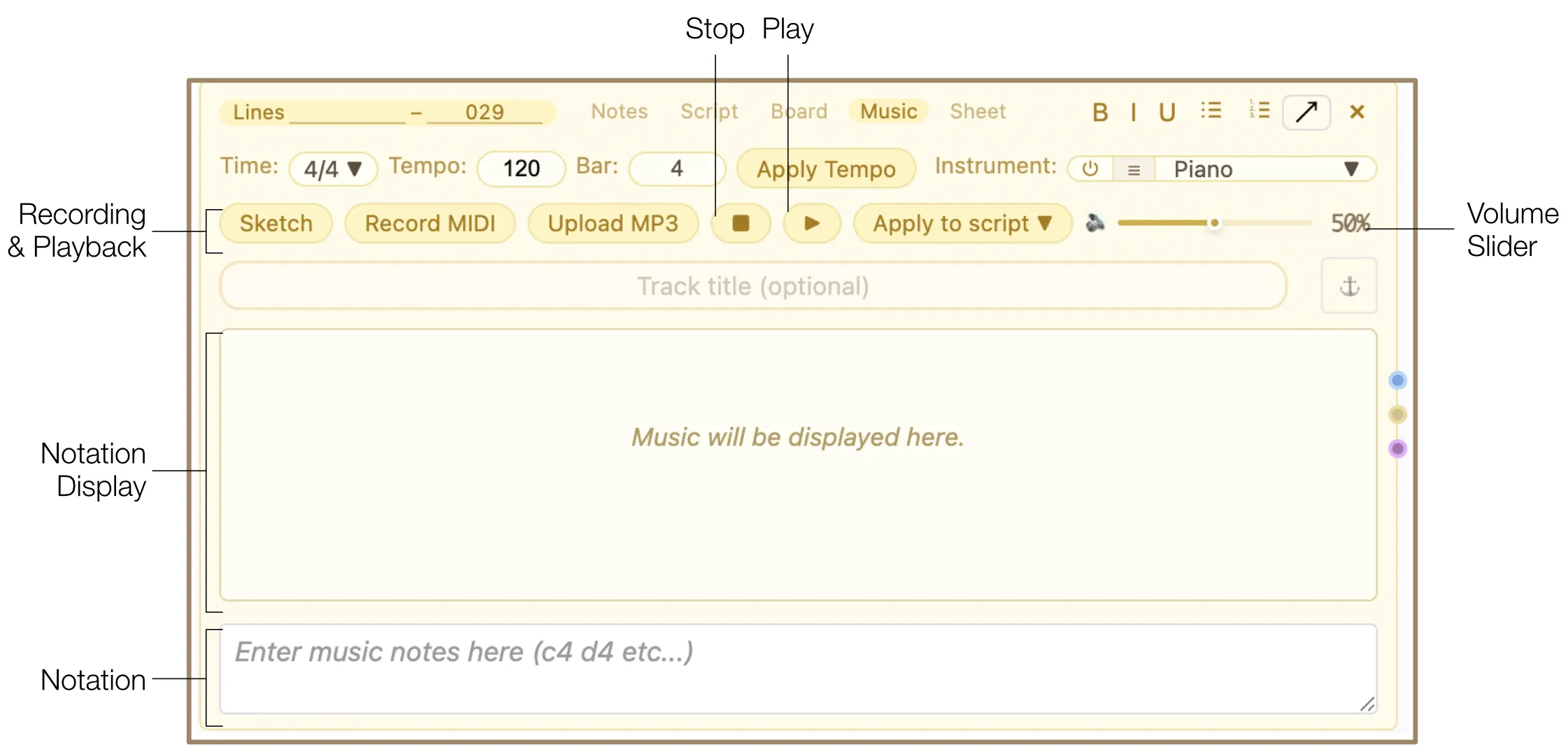 Playback controls with Play/Pause toggle, Stop icon, and Volume slider during notation playback